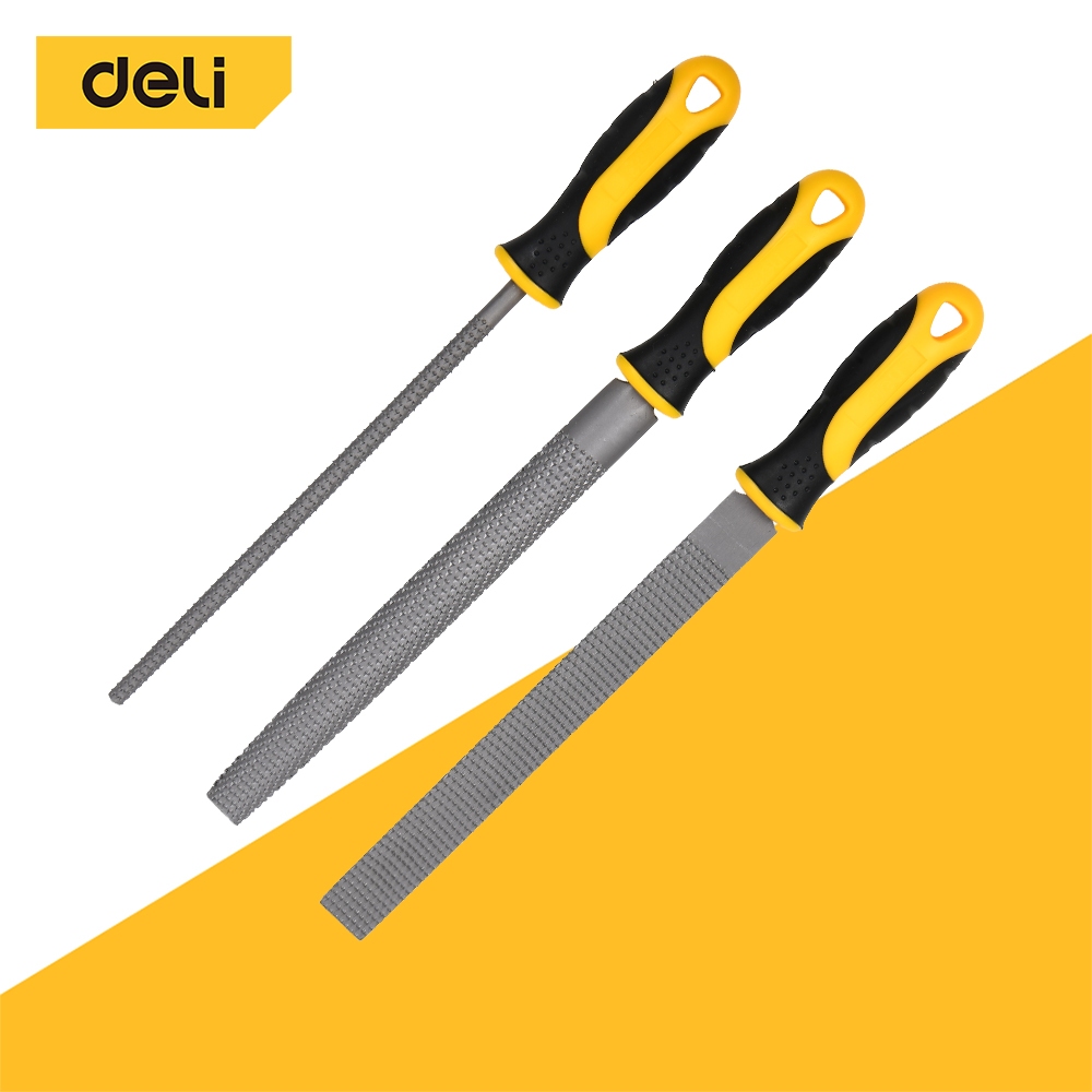 Deli ชุดตะไบเหล็ก 3 ชิ้น ตะไบเหล็ก 8 นิ้ว ตะไบแบน กลม ครึ่งวงกลม ครบทุกงานแต่งผิว ด้ามกันลื่น Hand File Set