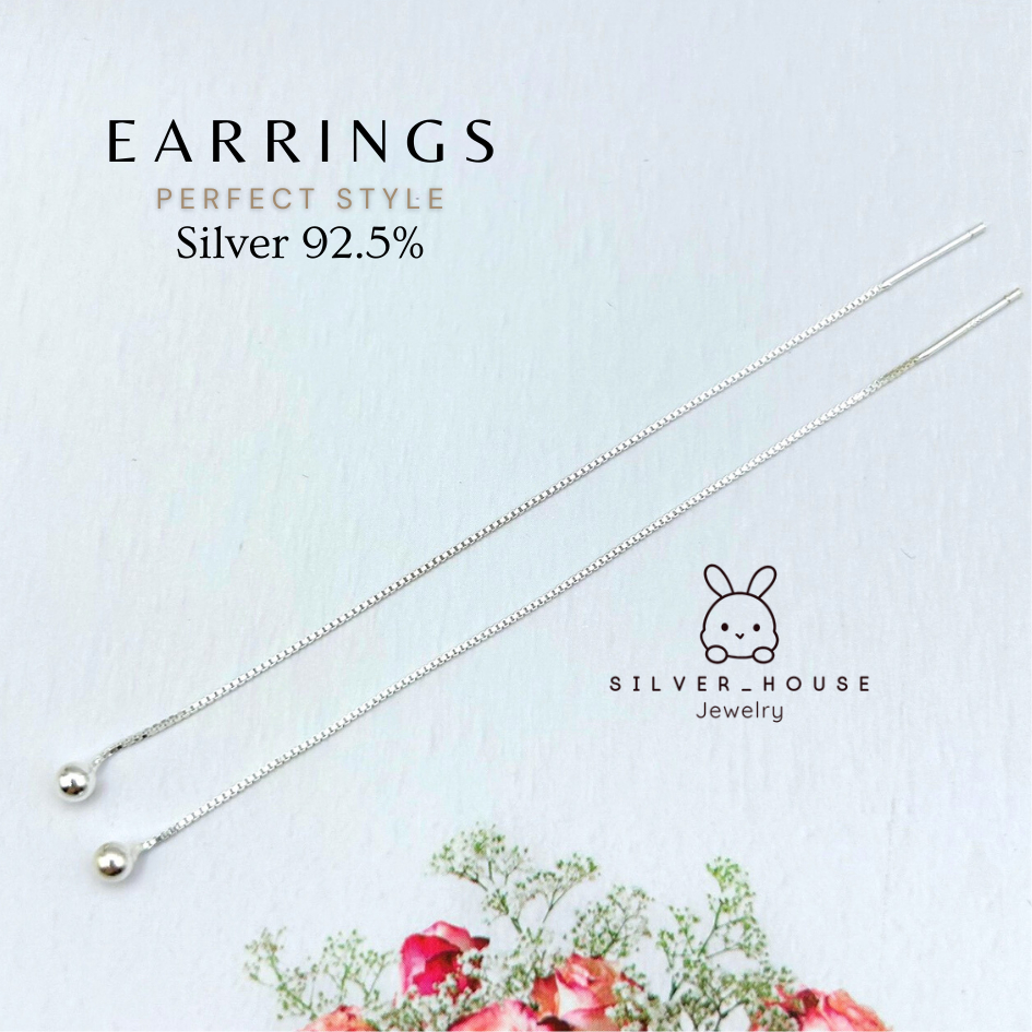 ต่างหูเงินแท้ 92.5% ต่างหูโซ่คล้องรูปเม็ดบอล 3mm.โซ่ลายโซ่กล่อง สวยมากค่ะ