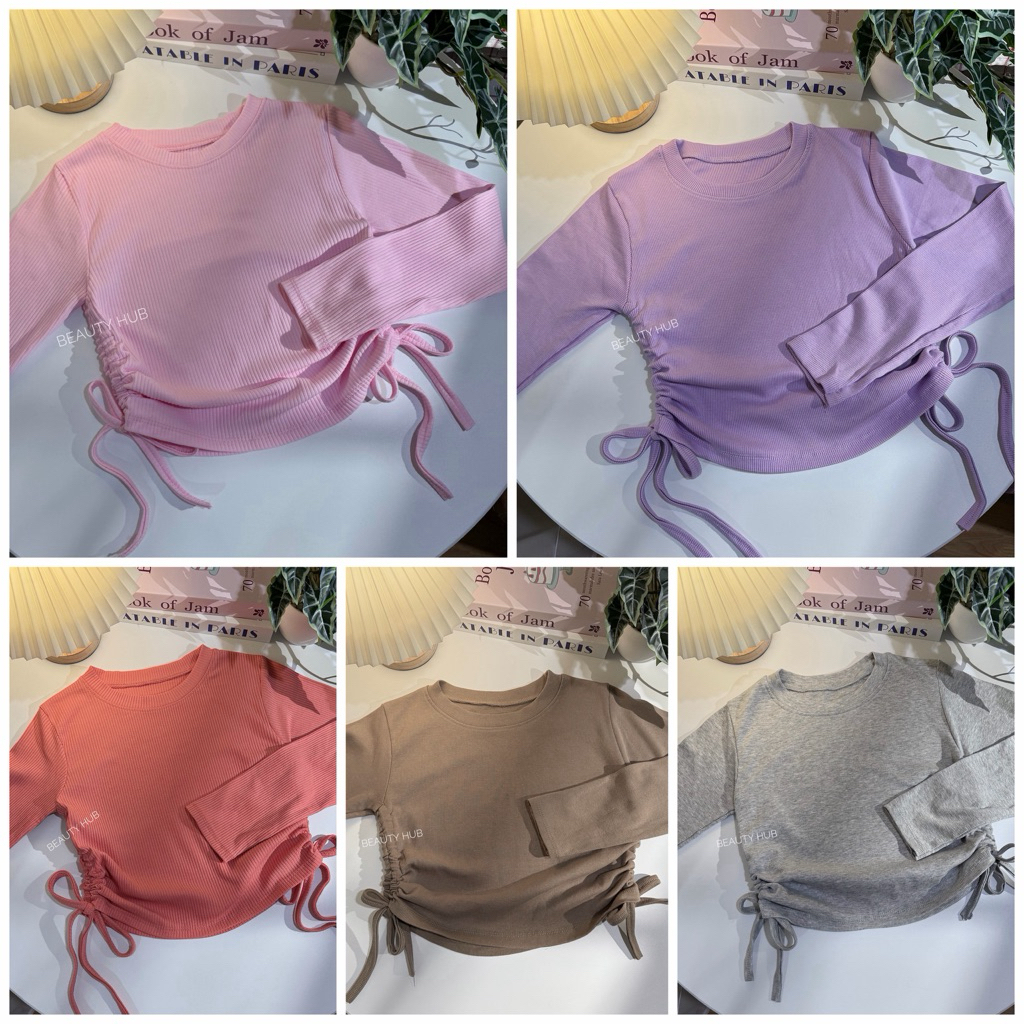 [526]เสื้อครอปคอกลม แขนยาว สายรูดข้าง ทรงสวย ผ้าร่องใส่สบาย