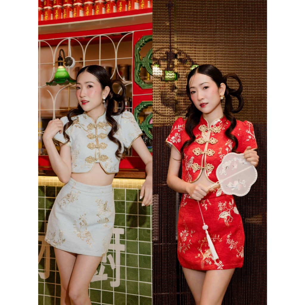 Flower brown : Ting ting set เซ็ตผ้าทอเนื้อนิ่มมีกระดุมจีนสีทอง