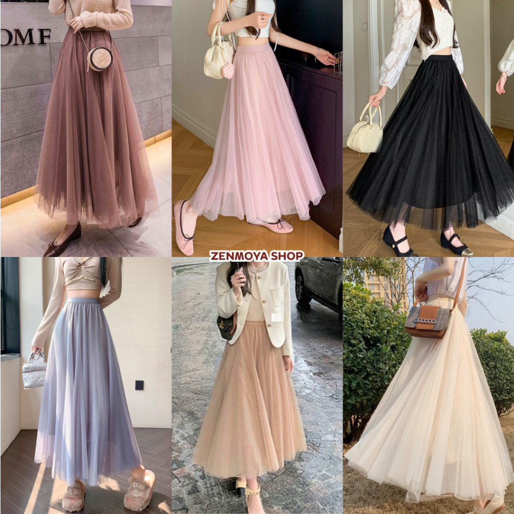 Zenmoya(907) พร้อมส่ง กระโปรงผ้ามุ้ง​3ชั้น​ ฟรุ้งฟริ้ง กระโปรงมิดี้ผ้าตาข่าย ทรงเอไลน์ เอวสูงยางยืด