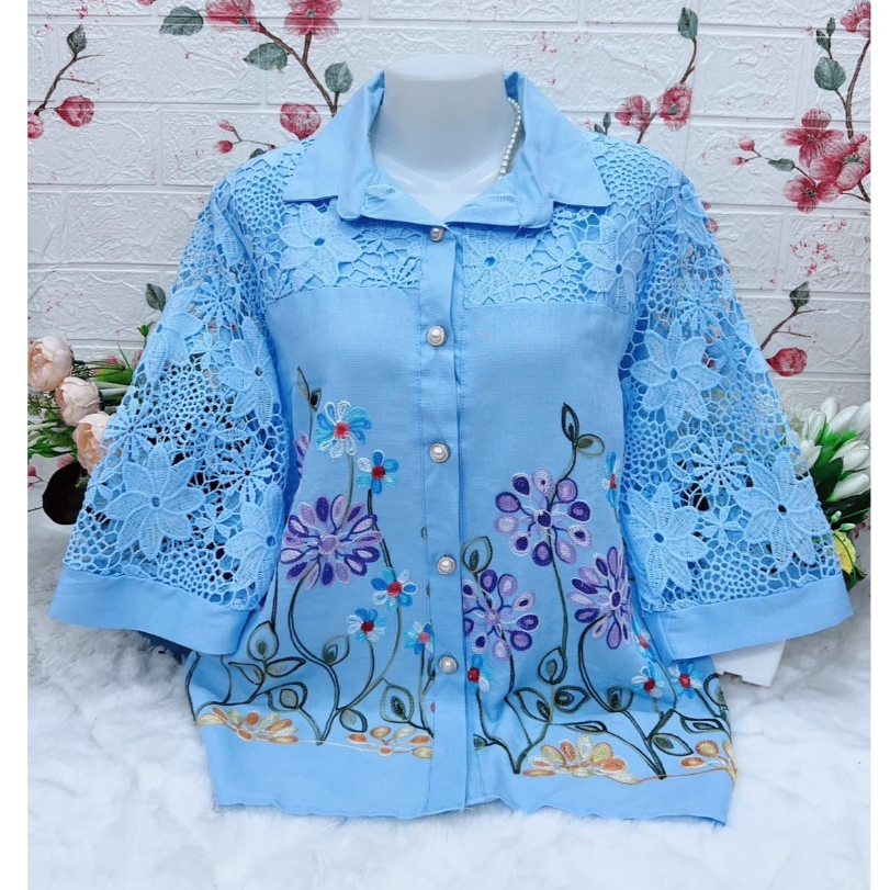 เสื้อลูกไม้ผ้าลินินกระดุมคอปก รอบอก38-42/44-46/48-52/54-46ฟรีไซส์งานลินินผสมลาย เสื้อผู้หญิงใส่ทำบุญ