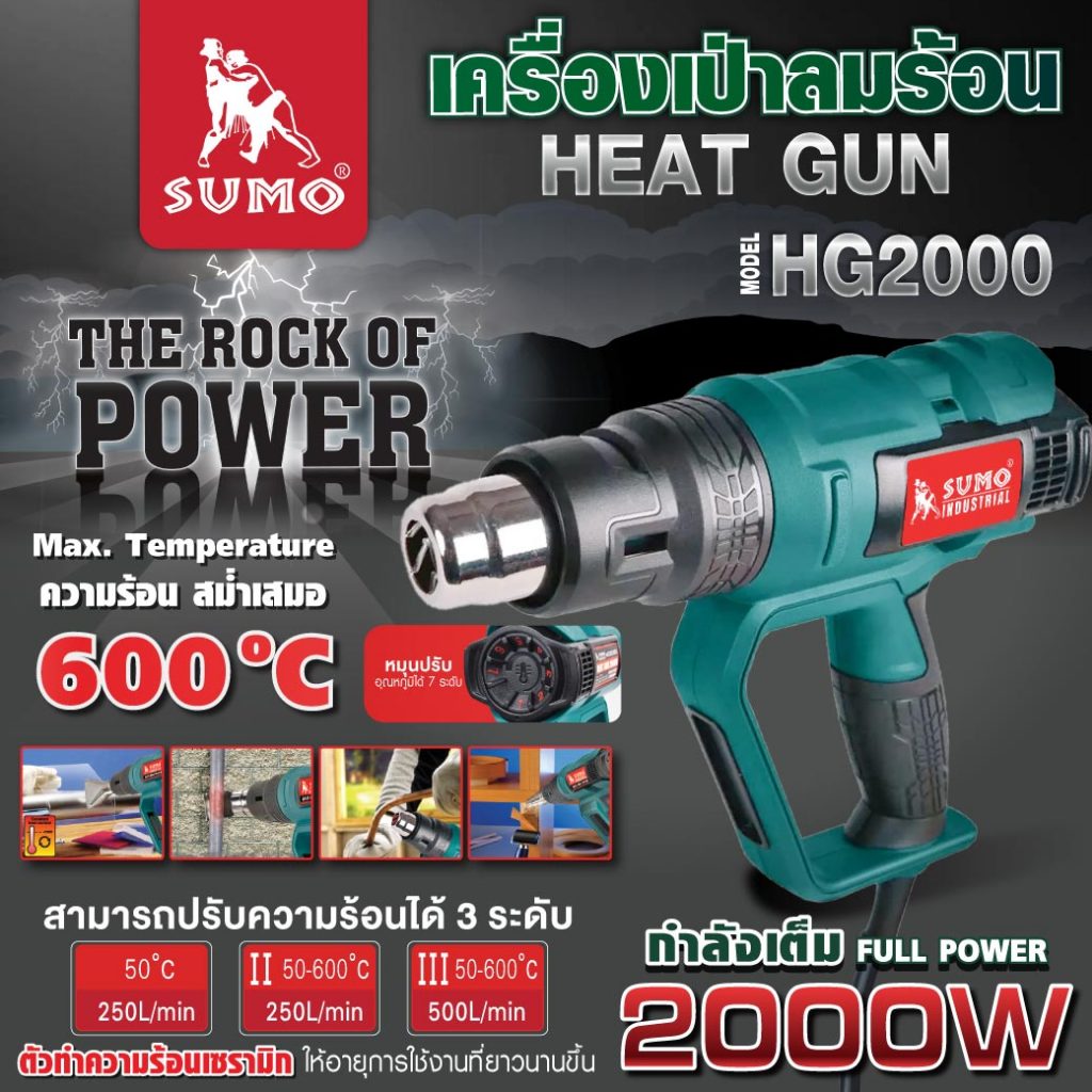 (ประกัน1ปี) เครื่องเป่าลมร้อน 600°C รุ่น HG2000 เต็มกำลัง 2000W ใช้งานต่อเนื่องได้ 600ชม. ทนทาน SUMO
