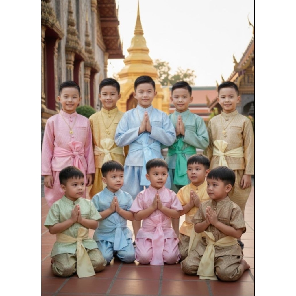 (รหัสSa)ชุดไทยเด็กผู้ชาย เป็นผ้าไหมผ้าเบา บางกำลังดี ใส่สบายๆ เนื้อผ้าดี ผ้านิ่มและไม่คันจ้า ลวดลายไทยงามๆ สวยมากๆ