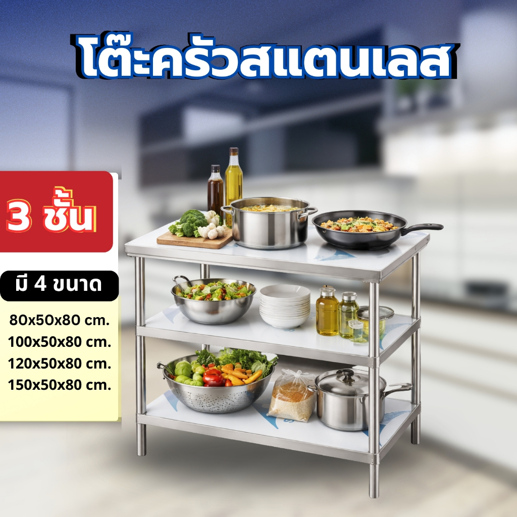 WAT โต๊ะครัวสแตนเลส 3 ชั้น วางหม้อ กระทะ อุปกรณ์ครัว เหมาะสำหรับครัวบ้าน ร้านอาหาร