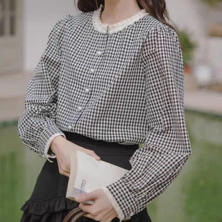Red Berryเสื้อเชิ้ตแขนยาวคอกลมลายสก๊อตสไตล์ย้อนยุคฝรั่งเศสสำหรับผู้หญิง99217