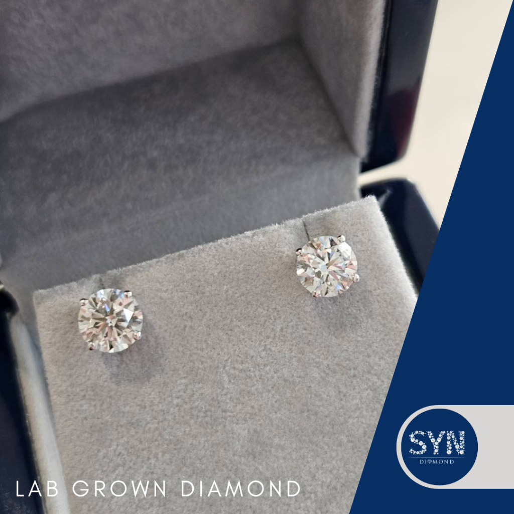 SYN DIAMOND ต่างหูเม็ดเดี่ยว 4เตย Stud Earring 9K white gold 1.9g. ดีไซน์คลาสสิค Lab Grown Diamond  