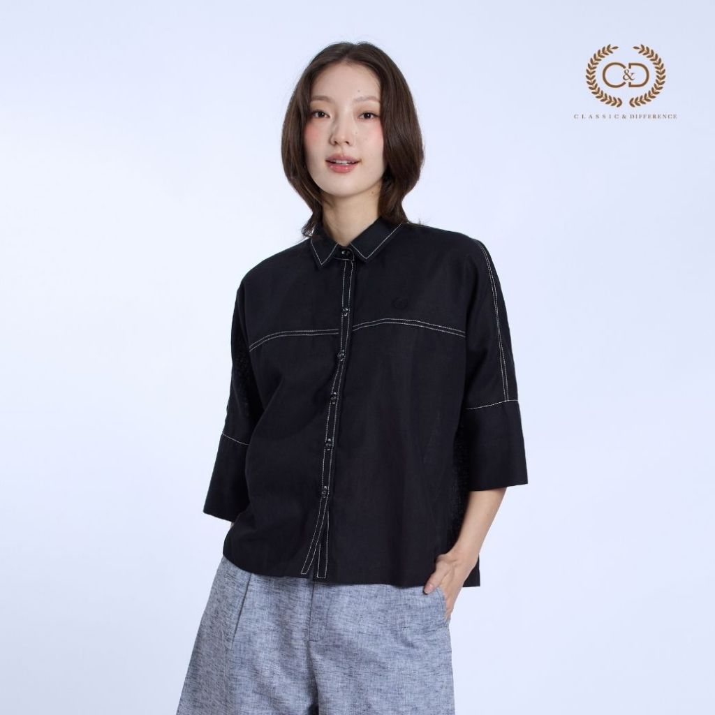 C&D Woman's shirt Linen Fusion เสื้อเชิ้ตผู้หญิง ปกเชิ้ต แขนยาว สีดำ C9ZNBL