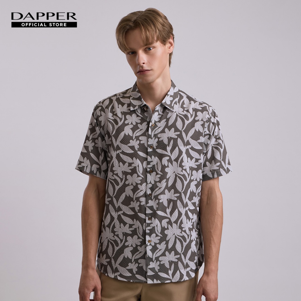 DAPPER เสื้อเชิ้ตแขนสั้น Botanical Seersucker Shirt สีเขียวเข้ม (BCS/OL/505TP)