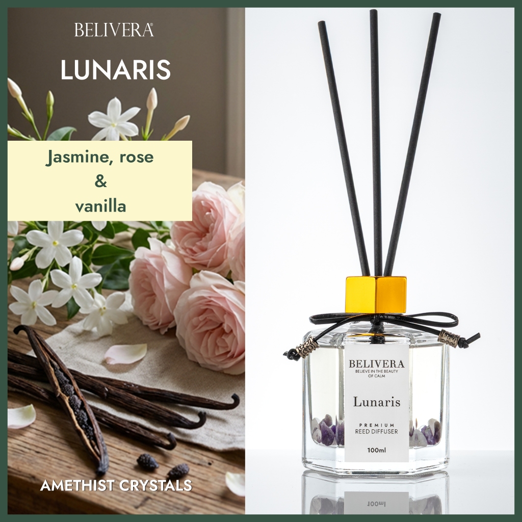 ก้านไม้หอมปรับอากาศ พร้อมหินนำโชคปรับพลังงานในบ้าน BELIVERA Lunaris Premium Reed Diffuser 100ml - Am