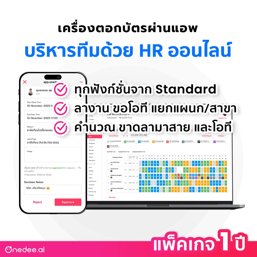 OneDee: เครื่องตอกบัตร พร้อมระบบบริหาร HRM ลงเวลาผ่านแอพ - แพ็คเกจ 1 ปี