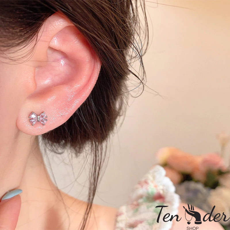 ต่างหู Ten ประดับโบว์ลายหัวใจ สีชมพู