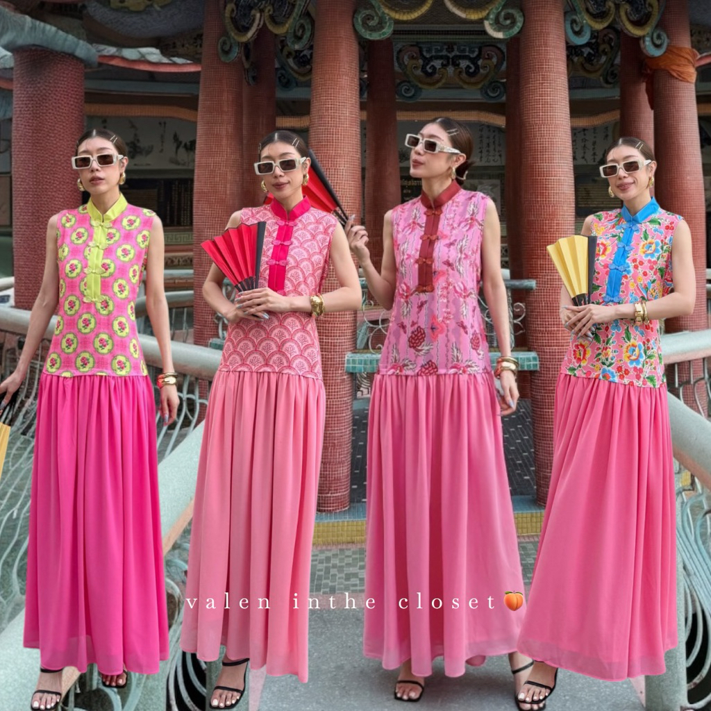 ส่งด่วน 🛵 #9978 🧧 STUDIOX2 CNY Chiffon Maxi Dress เดรสกี่เพ้าแขนกุดคอจีน