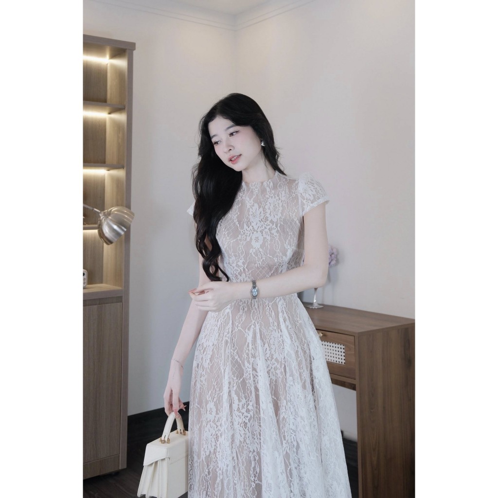 #G765 ชุดเดรสยาวผ้าลูกไม้ แขนสั้น มีซับใน - รูปที่ 4