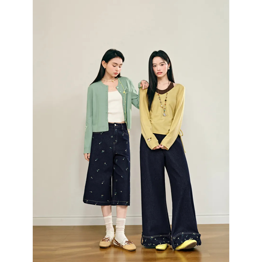 [พร้อมส่ง S /พรีออเดอร์] ❤KUOSE : Floral Wide-Leg Jeans❤