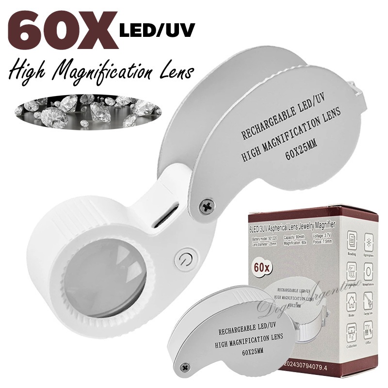 กล้องส่องเพชร กล้องขยาย 60 เท่า JEWELER'S LOUPE 60X25mm มีไฟ กล้องส่องพระ แว่นส่องพระ ที่ส่องพระ แว่นขยาย กล้องดูพระ