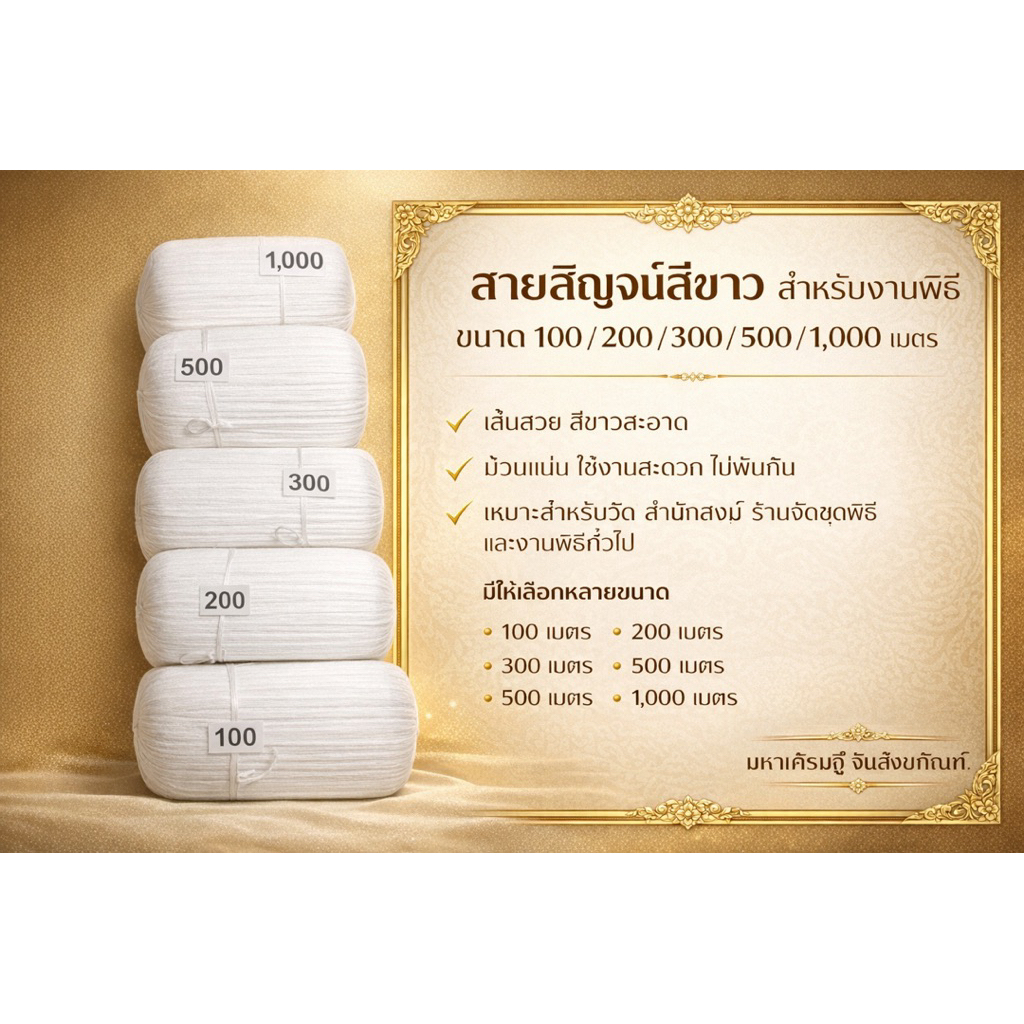 สายสิญจน์สีขาว สำหรับงานพิธี ขนาด 100 / 200 / 300 / 500 / 1,000 เมตร