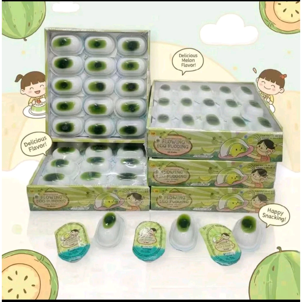 มีขายส่ง 12 แพ็คขึ้นไป พุดดิ้งไข่เยิ้ม สีเขียว รส เมล่อน สีเหลืองรส ส้ม แพ็ค 30 ชิ้น