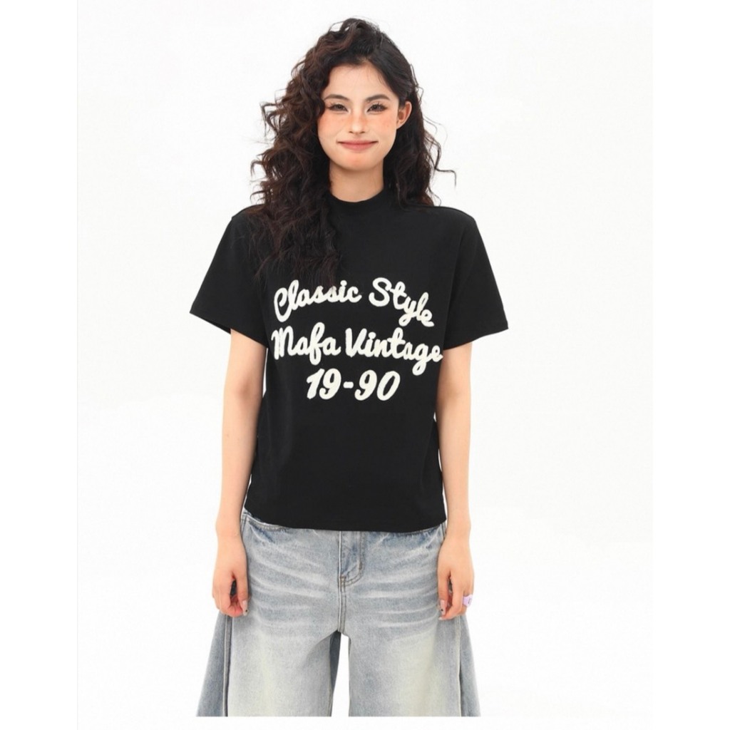 C602 - Cassic Style - เสื้อยืดวินเทจดีเทลลายปักเชือก (พร้อมส่ง)