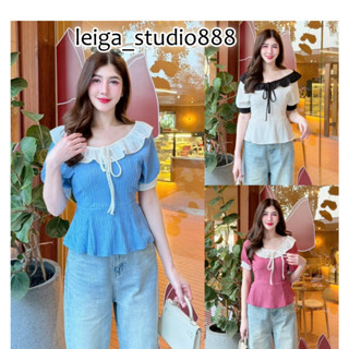 เสื้อผ้าเปลือกไม้ ผ้ายืด ใส่สบาย ทรูโทน คอปกระบาย ผูกโบว์หน้…