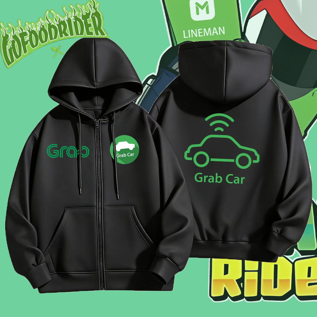 M-3XL เสื้อฮู้ด กันลม ตามแบบ แกร็บ ฟูด (GrabFood) Hooded zipper hoodie สบาย ๆ Breathable Hoodie สำหรับทั้งชายและหญิง