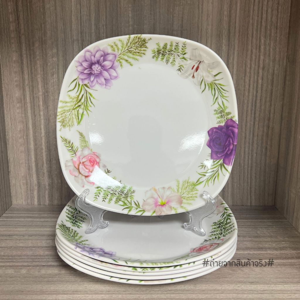 จานเมลามีน 9 นิ้ว ก้นลึก ทรงเหลี่ยม ลายดอกไม้ สีสวย เนื้อหนา คุณภาพดี(ชุด 6 ใบ)(พร้อมส่งจากไทย) - รูปที่ 5