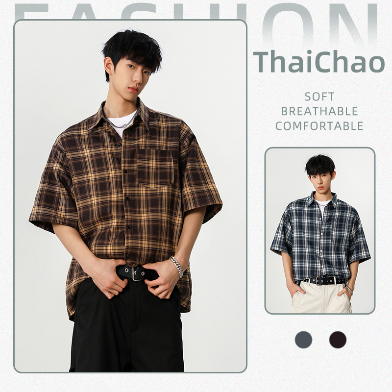 เสื้อเชิ้ตแขนสั้นคอปกลายตารางชาย สบายหลวม เนื้อผ้าบางโปร่งอากาศ