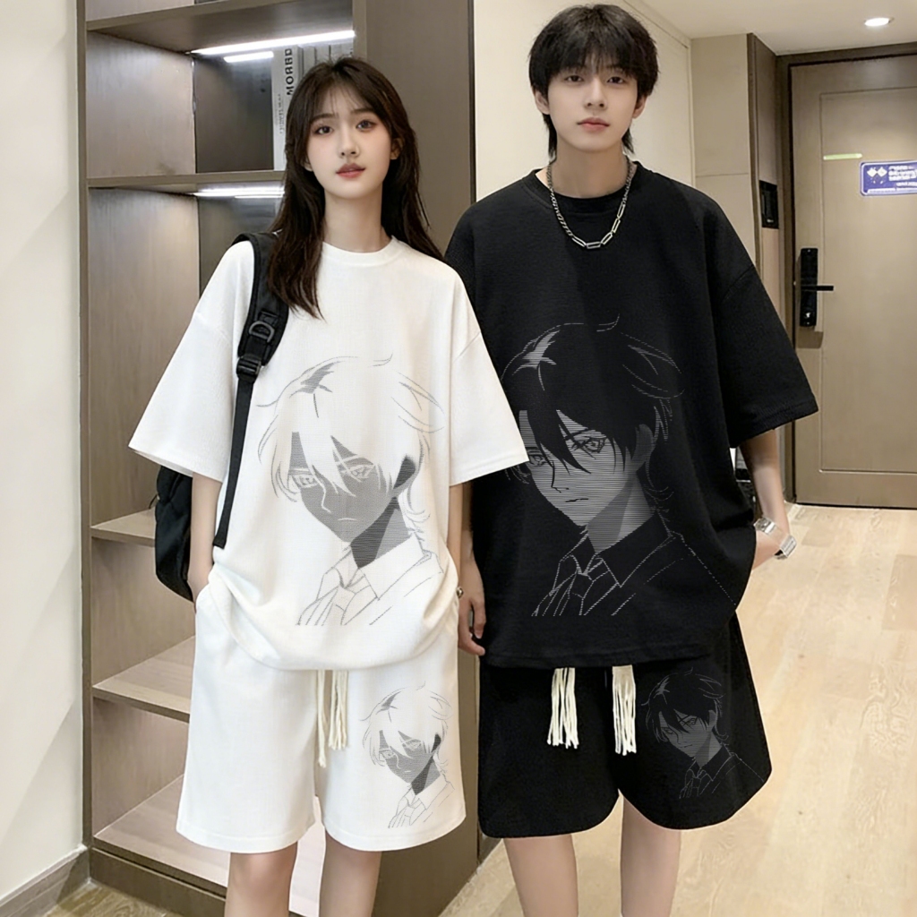 ชุดเซท 2 ชิ้น เสื้อ+กางเกง ผ้ายืด สกรีนลายอนิเมะ พร้อมส่งในไทย
