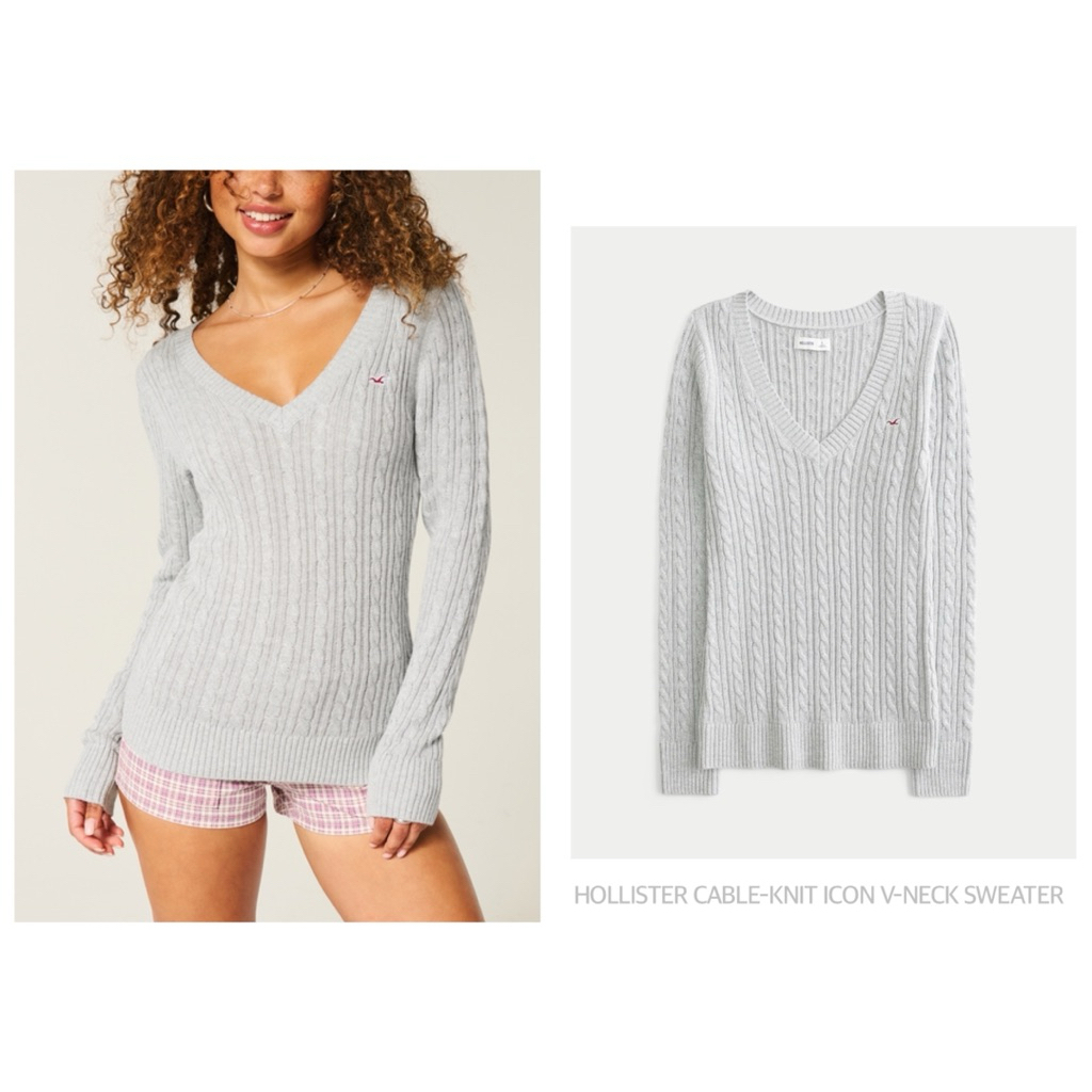 HOLLISTER เสื้อสเวตอเตอร์ถักเนื้อนุ่ม คอวี แขนยาว CABLE-KNIT ICON V-NECK SWEATER (C1305)