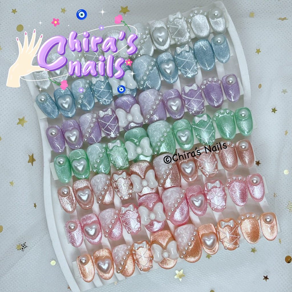 🌈SH145🔥Pearl Princess | Press-on-Nails โทนลูกแก้วพาสเทล สไตล์เจ้าหญิง