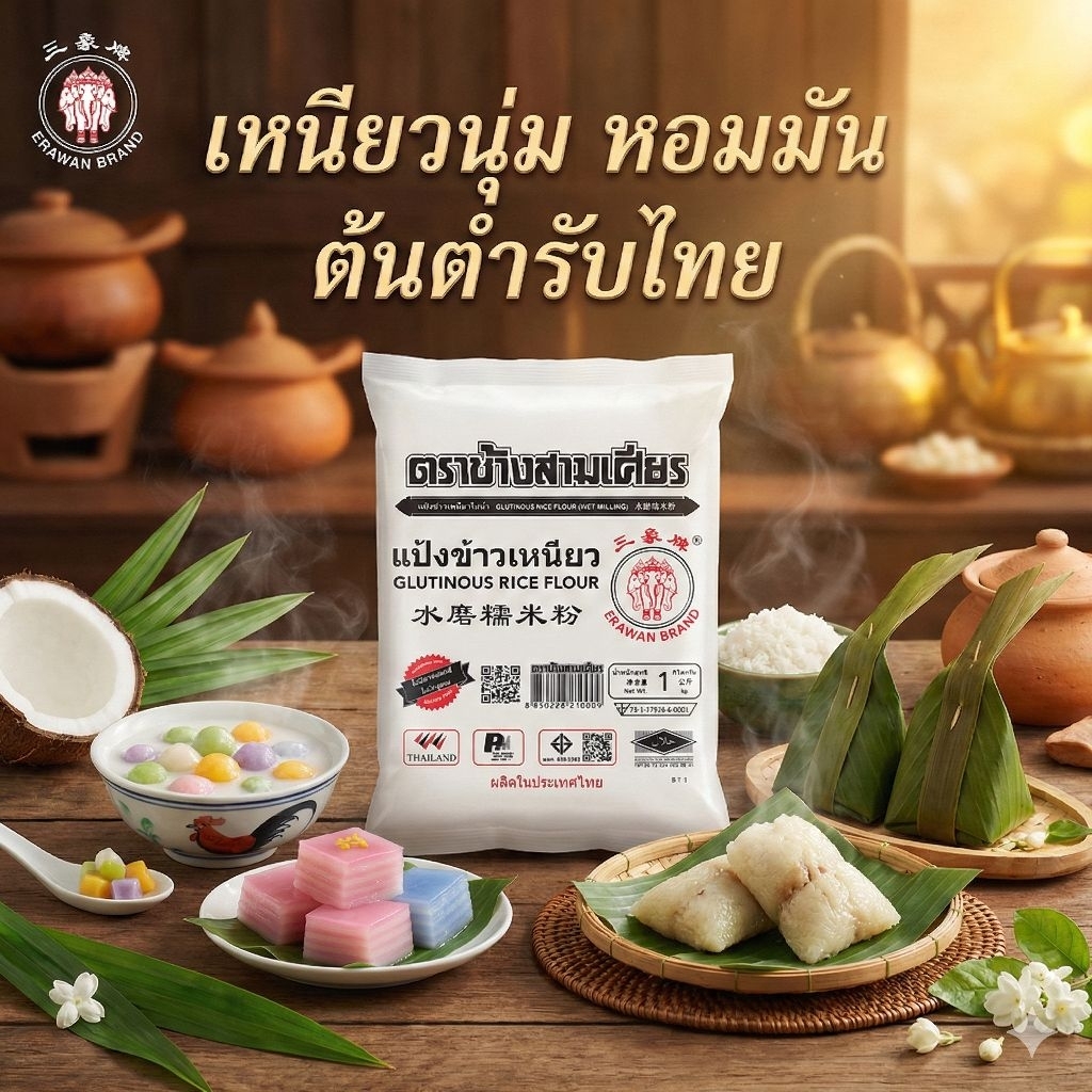🥧ERAWAN แป้งข้าวเหนียว ตรา ช้างสามเศียร ขนาด 1 กิโลกรัม.🥧