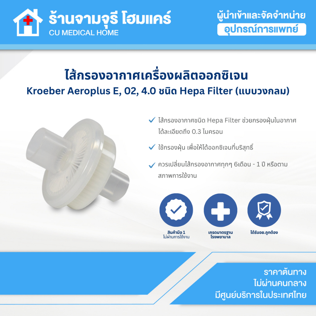 【สินค้าพร้อมส่ง!!】ไส้กรองอากาศเครื่องผลิตออกซิเจน Kroeber Aeroplus, 02, 4.0 Hepa Filter (แบบวงกลม)