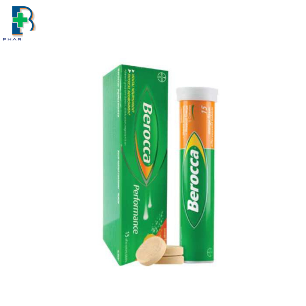 BEROCCA Performance 15s สีส้ม/สีเหลืง(บีรอคคา เพอร์ฟอร์มานซ์ ชนิดเม็ดฟู่ ผลิตภัณฑ์เสริมอาหาร) เม็ดฟู่รสส้ม/รสมะม่วง