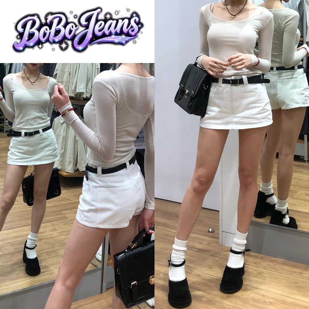 BoBo Jeans ส่งตรงกรุงเทพ กระโปรงกางเกงยีนส์เอวสูงสีขาว ผ้าคุณภาพดี กันเปิด สไตล์ญี่ปุ่นหวาน รุ่นใหม่ฮิต