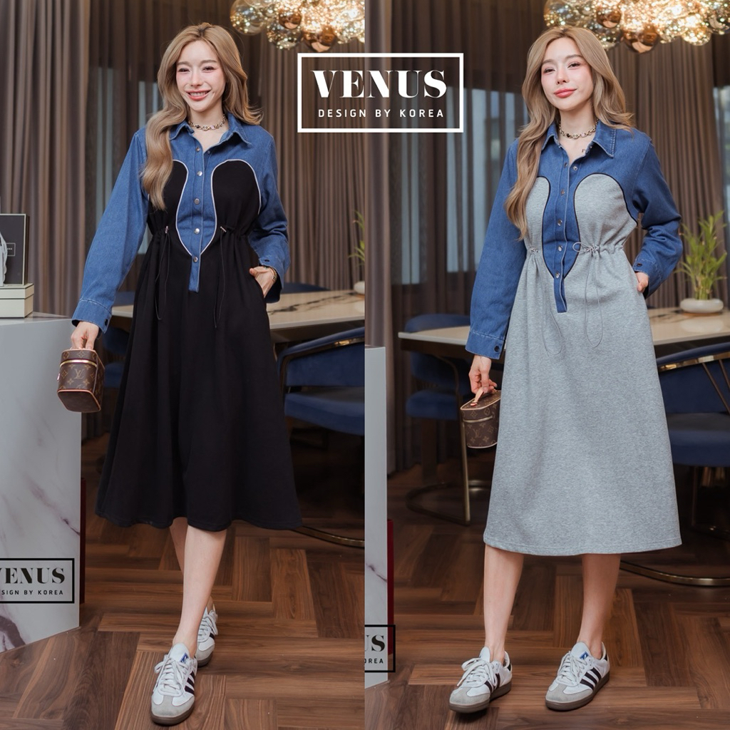 🌈🌿🌼🌺🌸🩶🖤💙🇰🇷 Jeans Patch Cotton Curve Long Sleeve Maxi Dress Shirt