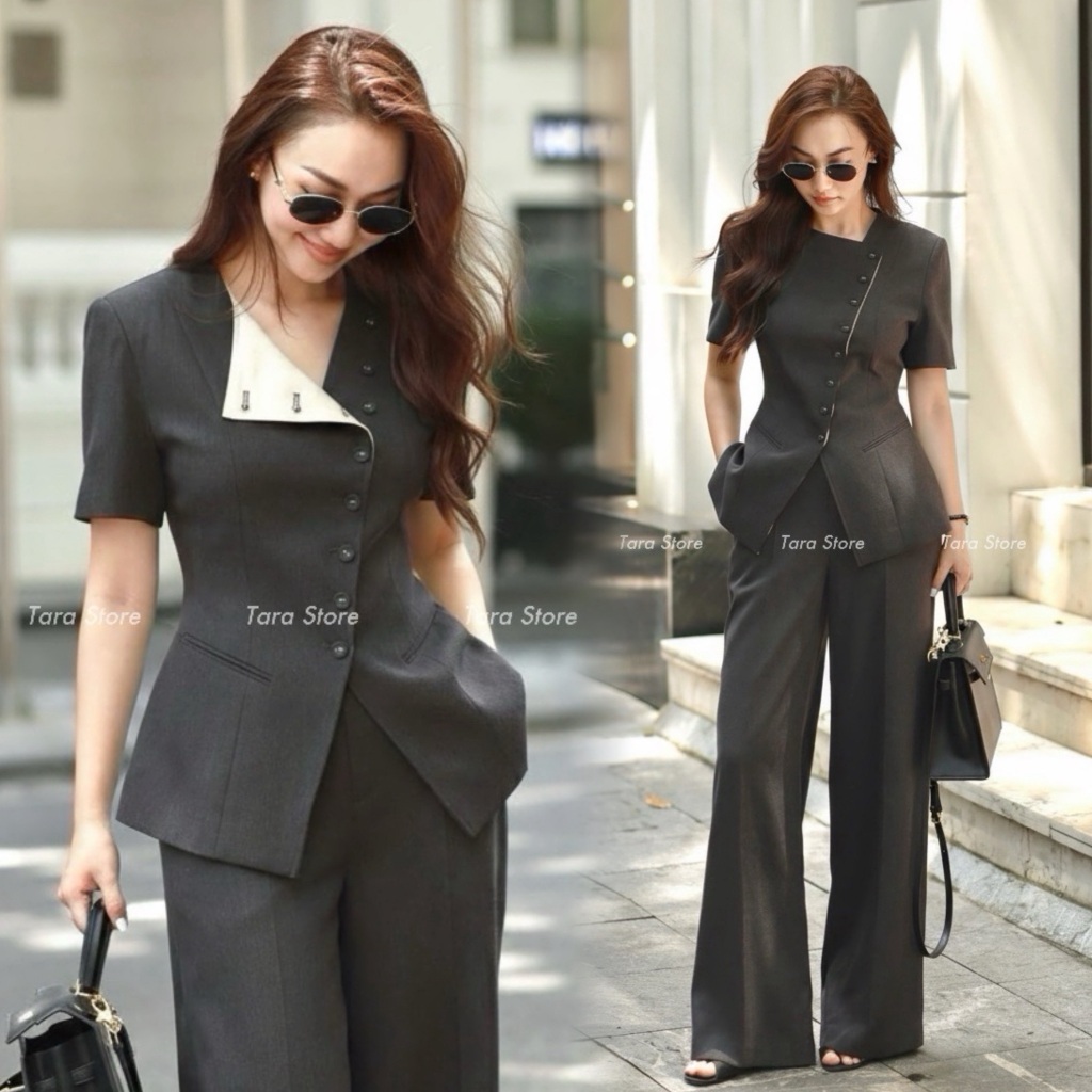 ชุดเซ็ตเสื้อแขนสั้น มาพร้อมกางเกงทรงกระบอก ใส่ทำงาน ใส่ไปเที่ยว #H007