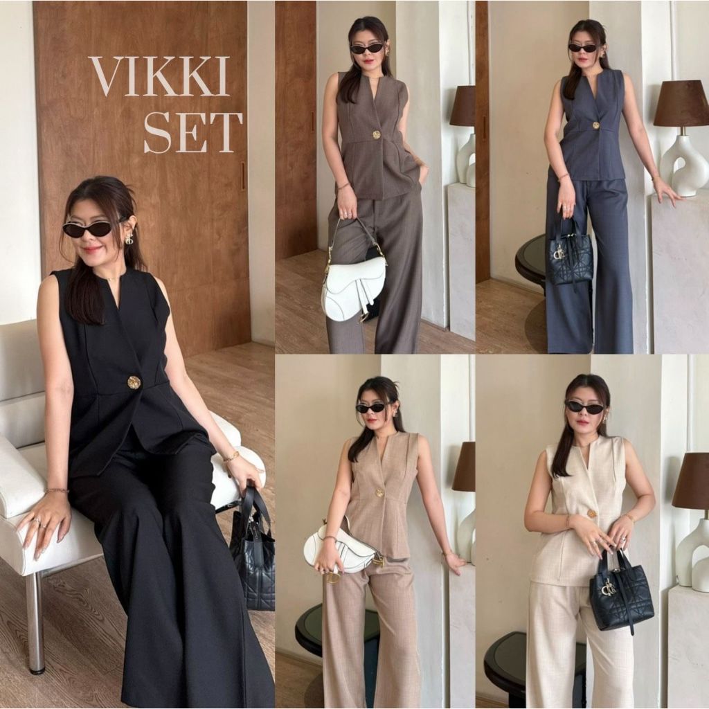 Vikki Set :: ชุดเซ็ทขายาว 2 ชิ้นขายาว ชุดเซ็ทขายาว เสื้อคอวีแขนกุดตัวยาว งานเรียบหรู ทำงาน BETTY (B052)