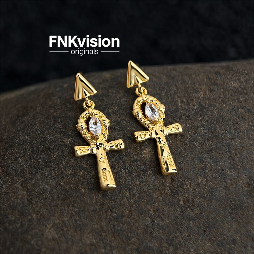 FNKvisionการออกแบบดั้งเดิมต่างหูกุญแจแห่งชีวิต ทอง18K ชุบหนา สไตล์อียิปต์โบราณ หรูหรา