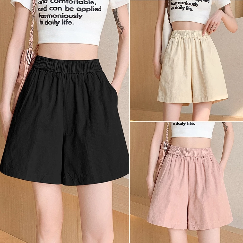 Bella Shop กางเกงขาสั้น กางเกง ขาสั้น ผู้หญิงแฟชั่น ลำลองทรงหลวม สีพื้น สไตล์เกาหลี เอวยางยืด น่ารัก