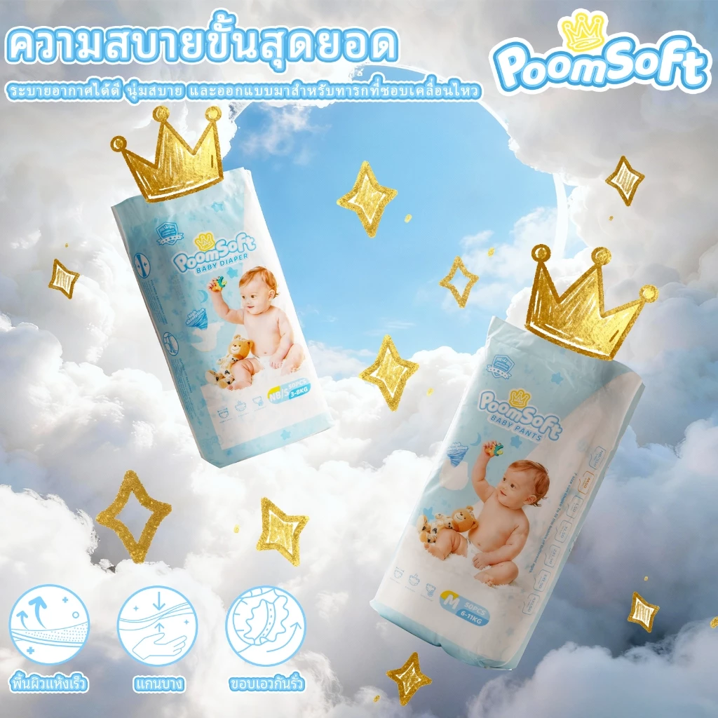 Poomsoft 50ชิ้น ผ้าอ้อมเด็ก นุ่ม บางเบา ทิ้งได้ง่าย ผ้าอ้อม กางเกง&เทป Baby Diaper Pants NB-4XL thumbnail 9