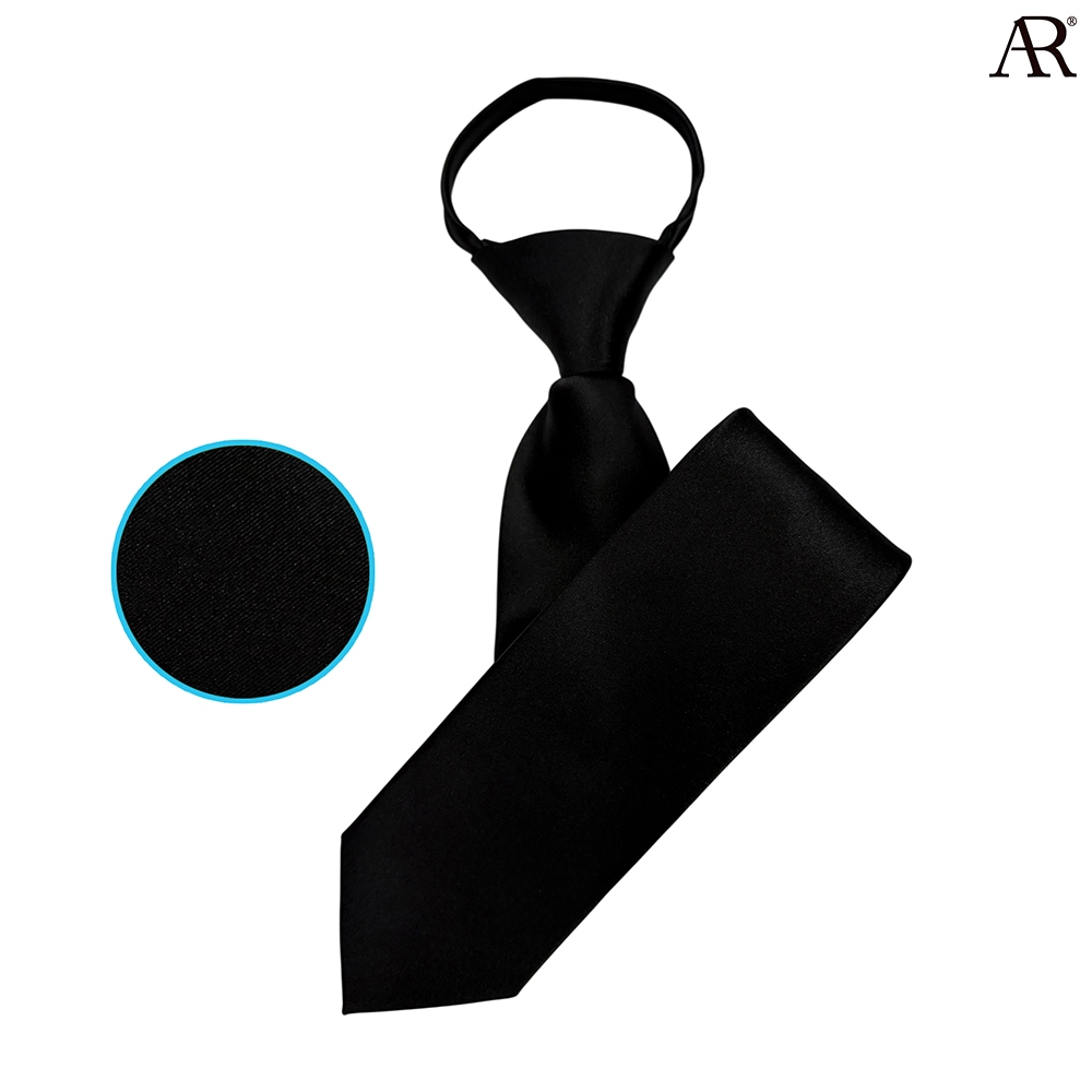 ANGELINO RUFOLO Zipper Tie7.5 CM.(NZMS-พื้นทอ082) เนคไทสำเร็จรูป ผ้าไหมทออิตาลี่คุณภาพเยี่ยม ดีไซน์ Plain สีดำเงา