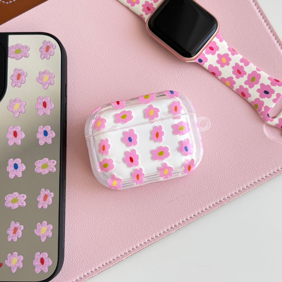 amuse stuff-blossom joy flower airpods case เคสแอร์พอร์ตลายดอกไม้สีชมพูดรียงกัน