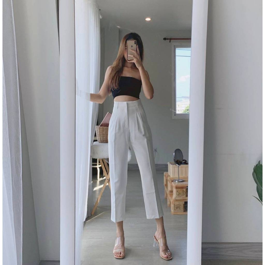 กางเกงทรงบอย 7 ส่วน ผู้หญิง เอวสูง ผ้าเปเป้ ตะขอหน้า ทรงสวย รุ่น KK-Pbpants
