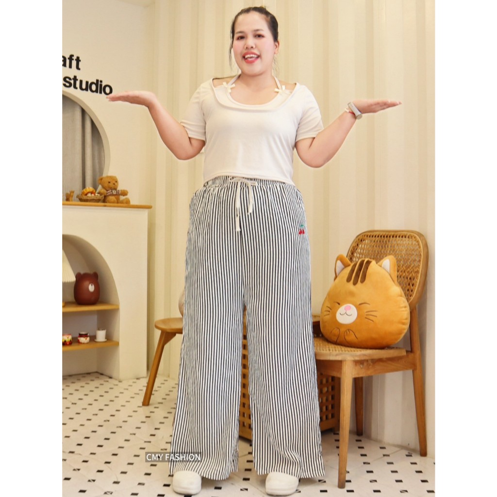กางเกงขายาว 9ส่วน ไซส์ใหญ่ ทรงขากระบอกใหญ่ ลายริ้วลายทาง ปักลายCherry ผ้าบับเบิ้ล เนื้อผ้านิ่ม ทรงสวยแมทช์ง่าย pb921# - รูปที่ 3