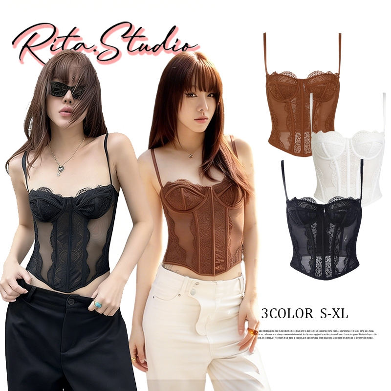 Rita พร้อมส่ง🍒เสื้อครอปท็อปสายเดี่ยว คอร์เซ็ต ผ้าตาข่าย เซ็กซี่สุดๆ เสื้อครอปท็อป ผู้หญิง สไตล์คลาสสิก สีน้ำตาล สีด สีขา