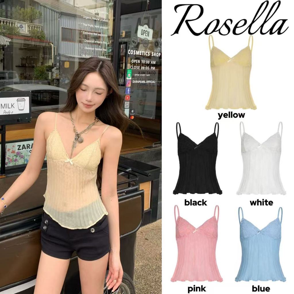 Rosella【สินค้าใหม่ 】เสื้อสายเดี่ยวผ้าลูกไม้ผูกโบว์สุดเซ็กซี่สำหรับฤดูร้อน ทรงเข้ารูปบางเบา