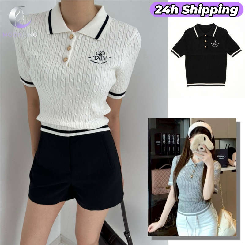 🌜Moonling🌛 พร้อมส่งจากไทย  เสื้อยืดคอปก ไหมพรม ผ้านุ่มนิ่ม แขนสั้น เรียบหรู สีพื้นยืดพอดี W-K073