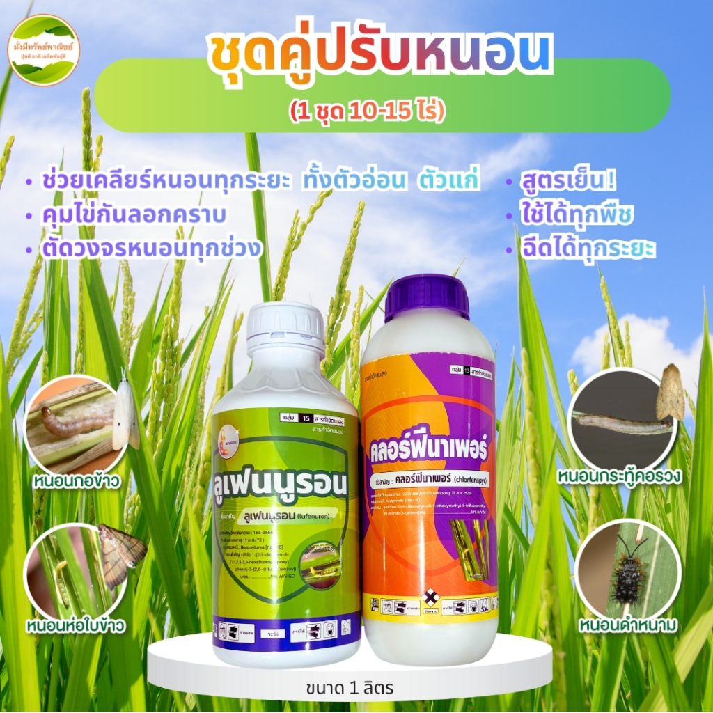 คู่ปรับหนอน คลอฟี+ลูเฟน เคลียร์หนอนทุกระยะทั้งตัวแก่ ตัวอ่อนและคุมไข่กันลอกคราบ ตัดวงจรหนอนทุดช่วงในแปลงพืช 1ชุด10-15ไร่