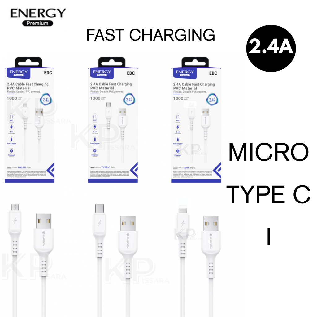 สายชาร์จเร็ว  Micro / i / type C 2.4A Fast Charging ชาร์จเร็ว เสถียร ปลอดภัย ยาว 1 เมตร ยี่ห้อ energ