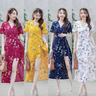 จั้มสูทลายดอกแขนสั้นสุดชิค ช่วงอกแต่งไขว้ซ้อน ผ่าแหวกหน้า มี…